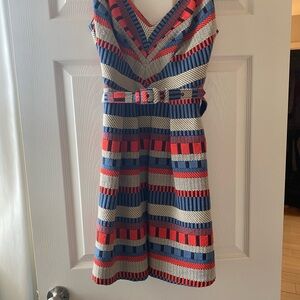 Women’s Striped V-Neck Belted Dress in blue, orange & cream